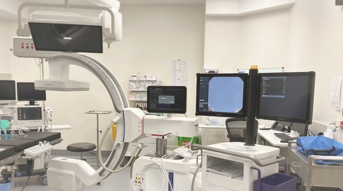 Modern fluoroscopic procedure suite with advanced imaging equipment
